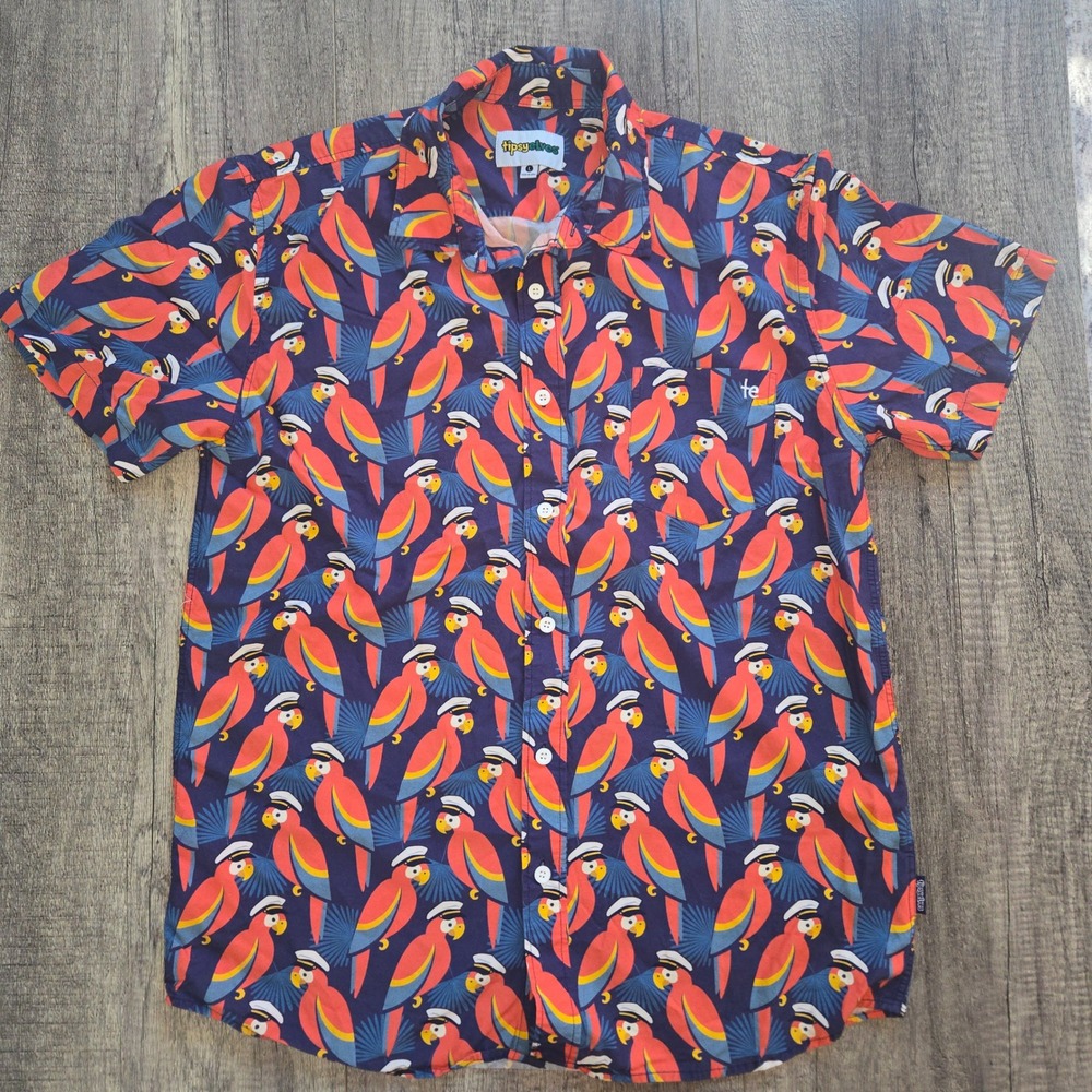 Tipsy Elves Mens Large Parrot Sailor Nautical Tropical Button Down Shirt Navy